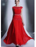 Beaded Red Lace Chiffon Flowy Evening Dress